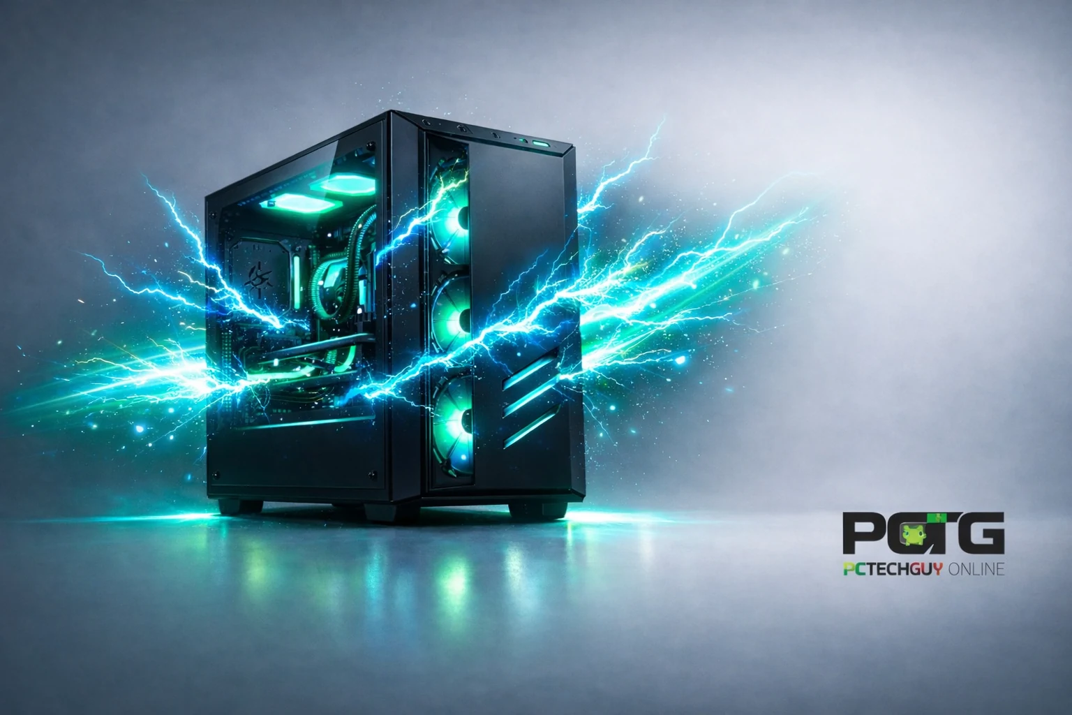 A gaming PC tower with teal and blue energy sweeping through it