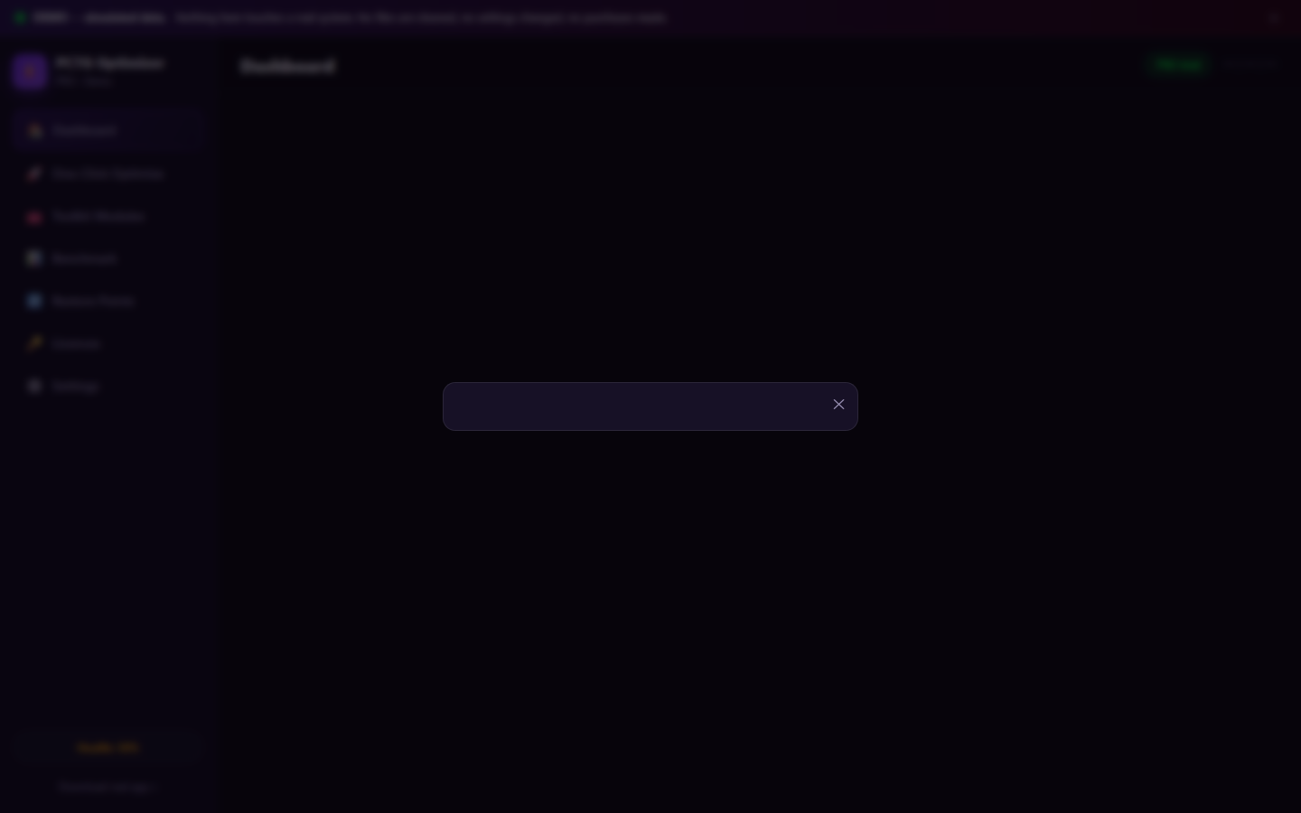 PCTG System Optimizer Pro dashboard showing system health, junk found and gaming FPS